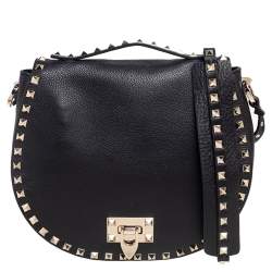 Pre Owned Valentino Black Grained Leather Rockstud Saddle Shoulder Bag