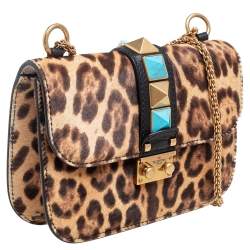 مملوكة مسبقًا حقيبة فالنتينو شعر عجل مطبوع نقشة الفهد بني مرصعة روكستد بقلاب بقفل غلام