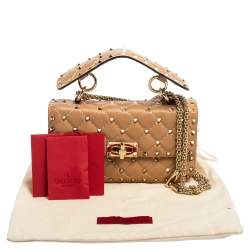 Pre Owned Valentino Beige Leather Rockstud Spike Top Handle Bag