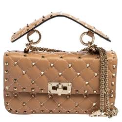 Pre Owned Valentino Beige Leather Rockstud Spike Top Handle Bag