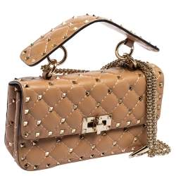 Pre Owned Valentino Beige Leather Rockstud Spike Top Handle Bag