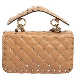 Pre Owned Valentino Beige Leather Rockstud Spike Top Handle Bag