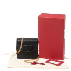 Pre Owned Valentino Black Grained Leather VLogo Compact Wallet On Chain