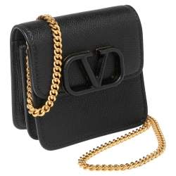 Pre Owned Valentino Black Grained Leather VLogo Compact Wallet On Chain