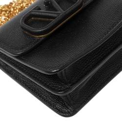 Pre Owned Valentino Black Grained Leather VLogo Compact Wallet On Chain