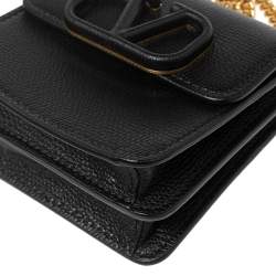 Pre Owned Valentino Black Grained Leather VLogo Compact Wallet On Chain