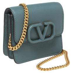 Pre Owned Valentino Blue Grained Leather VLogo Compact Wallet On Chain