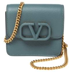 Pre Owned Valentino Blue Grained Leather VLogo Compact Wallet On Chain
