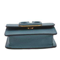 Pre Owned Valentino Blue Grained Leather Mini VLogo Chain Pouch