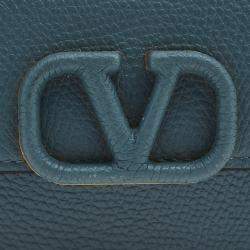 Pre Owned Valentino Blue Grained Leather Mini VLogo Chain Pouch