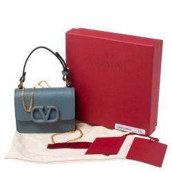 Pre Owned Valentino Blue Grained Leather Mini VLogo Chain Pouch