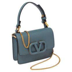 Pre Owned Valentino Blue Grained Leather Mini VLogo Chain Pouch