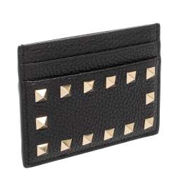 Pre Owned حافظة بطاقات فالنتينو جلد محبب أسود مرصع روكستد
