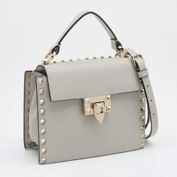Pre Owned Valentino Grey Leather Small Rockstud Top Handle Bag