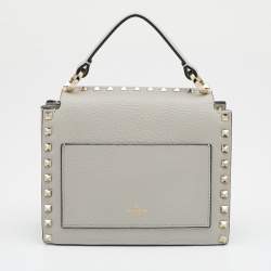 Pre Owned Valentino Grey Leather Small Rockstud Top Handle Bag