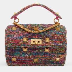 Pre Owned Valentino Multicolored Woven Cotton Fabric Large Roman Stud Top Handle Bag 