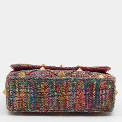Pre Owned Valentino Multicolored Woven Cotton Fabric Large Roman Stud Top Handle Bag 