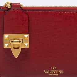 Pre Owned Valentino Red Saffiano Leather Rockstud Twist Lock Zip Wallet 