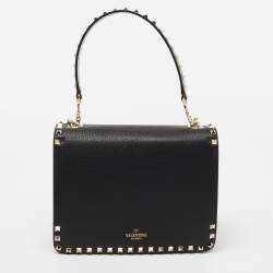 Pre Owned Valentino Black Leather Rockstud Flap Top Handle Bag
