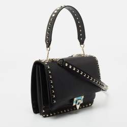 Pre Owned Valentino Black Leather Rockstud Flap Top Handle Bag