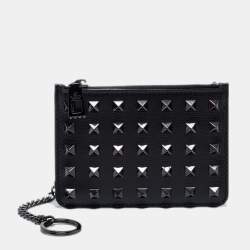 Valentino Black Leather Rockstud Zip Card Case