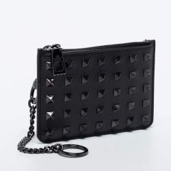 Valentino Black Leather Rockstud Zip Card Case