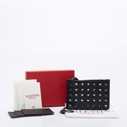 Valentino Black Leather Rockstud Zip Card Case