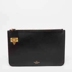 Pre Owned Valentino Black Leather Rockstuds Alcove Zip Pouch 