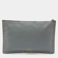 Pre Owned Valentino Grey Leather Rockstud Zip Pouch