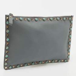 Pre Owned Valentino Grey Leather Rockstud Zip Pouch