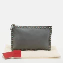 Pre Owned Valentino Grey Leather Rockstud Zip Pouch