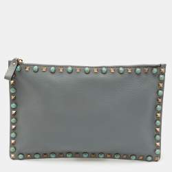 Pre Owned Valentino Grey Leather Rockstud Zip Pouch