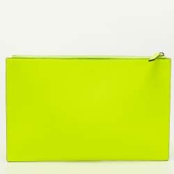 Pre Owned  Valentino Neon Green Leather Vlogo Flat Zip Pouch