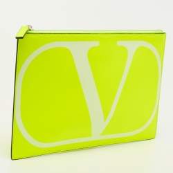 Pre Owned  Valentino Neon Green Leather Vlogo Flat Zip Pouch