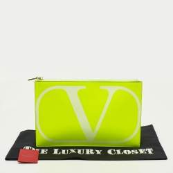 Pre Owned  Valentino Neon Green Leather Vlogo Flat Zip Pouch