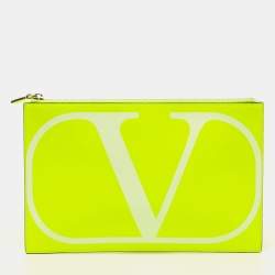 Pre Owned  Valentino Neon Green Leather Vlogo Flat Zip Pouch