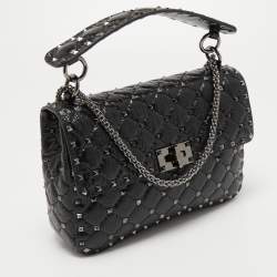 Pre Owned Valentino Black Quilted Crinkled Leather Medium Rockstud Spike Shoulder Bag