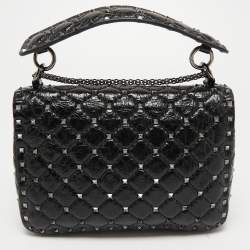Pre Owned Valentino Black Quilted Crinkled Leather Medium Rockstud Spike Shoulder Bag