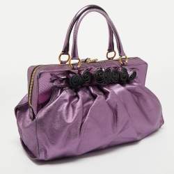 Valentino Metallic Purple Leather and Snake Skin Petale Rose Frame Satchel