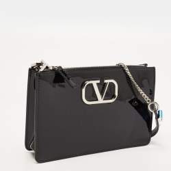 Pre Owned Valentino Black Patent Leather Vsling Zip Shoulder Bag
