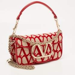 Pre Owned Valentino Red/Beige Iconographe Canvas Small Loco Shoulder Bag