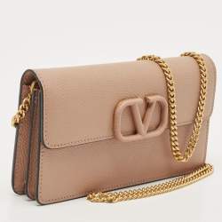 مملوكة مسبقًا Valentino Beige Leather VLogo Wallet on Chain
