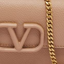 مملوكة مسبقًا Valentino Beige Leather VLogo Wallet on Chain