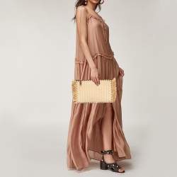 Pre Owned Valentino Brown/Natural Raffia and Leather Rockstud Zip Pouch