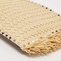 Pre Owned Valentino Brown/Natural Raffia and Leather Rockstud Zip Pouch