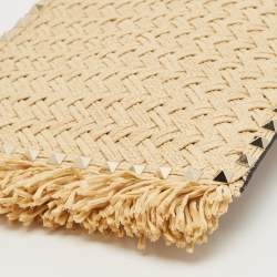 Pre Owned Valentino Brown/Natural Raffia and Leather Rockstud Zip Pouch
