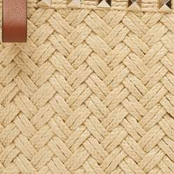 Pre Owned Valentino Brown/Natural Raffia and Leather Rockstud Zip Pouch