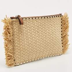 Pre Owned Valentino Brown/Natural Raffia and Leather Rockstud Zip Pouch