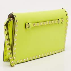 Valentino Neon Yellow Leather Rockstud Flap Wristlet Clutch