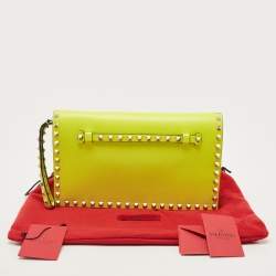 Valentino Neon Yellow Leather Rockstud Flap Wristlet Clutch